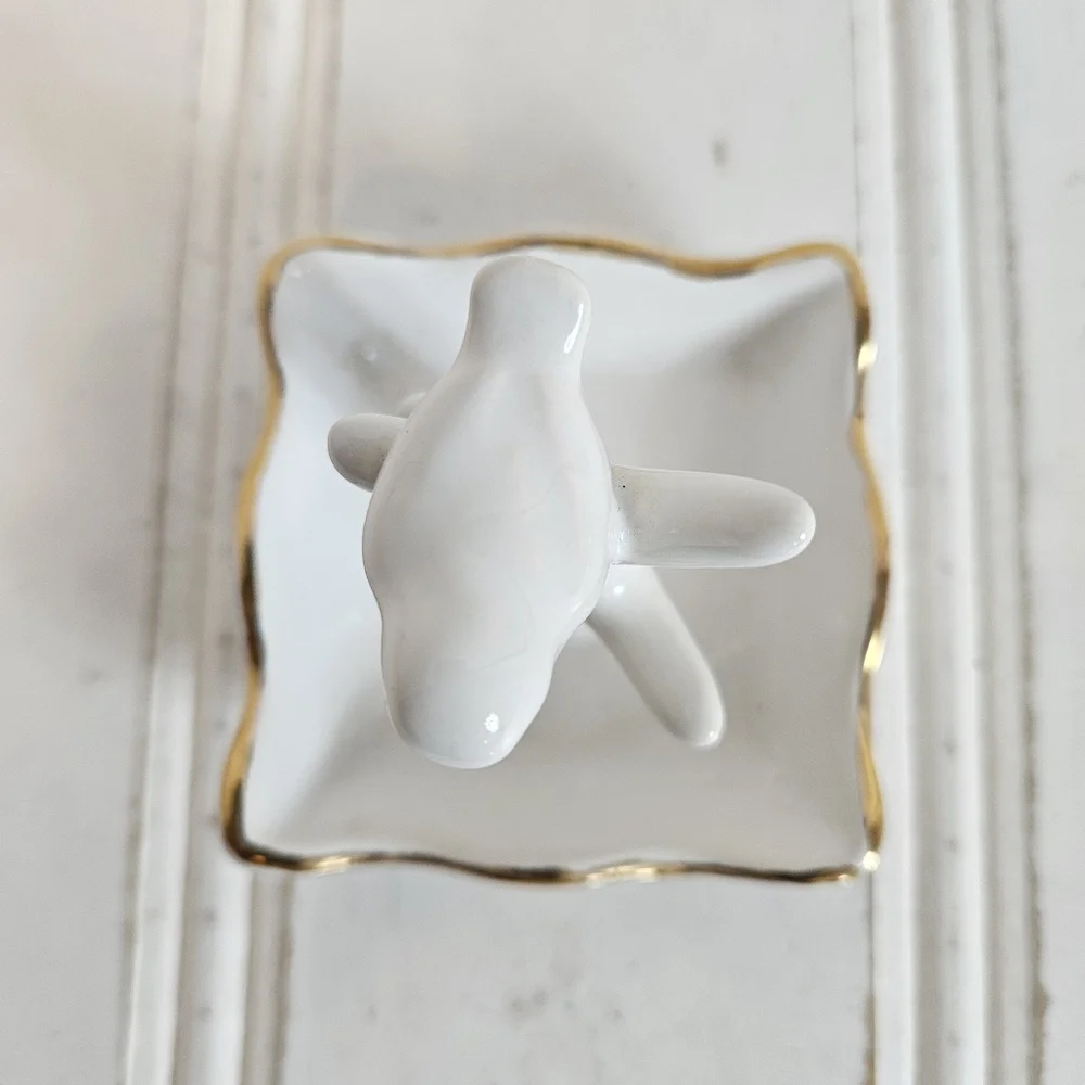 White Ceramic Bird Ring Holder Gold Trim Jewelry Dish Vanity Decor